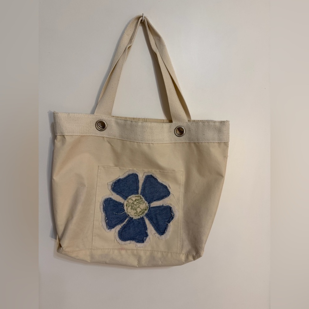 Upcycled Canvas Cream Beige Tote Bag with Blue Floral Accent
